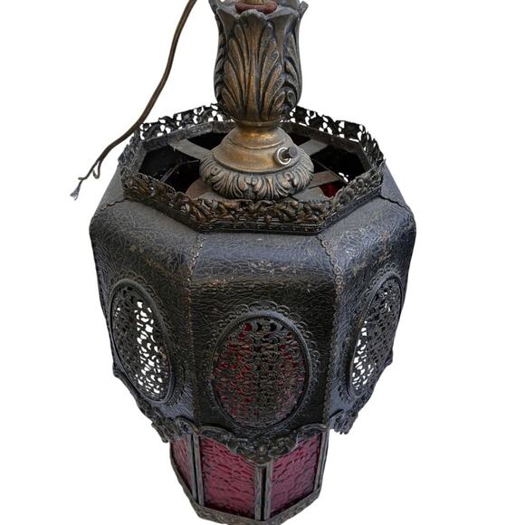 Pair Vintage 23” Red Glass Hanging Lantern Lamps – Spanish Revival Gothic - Picture 4 of 6